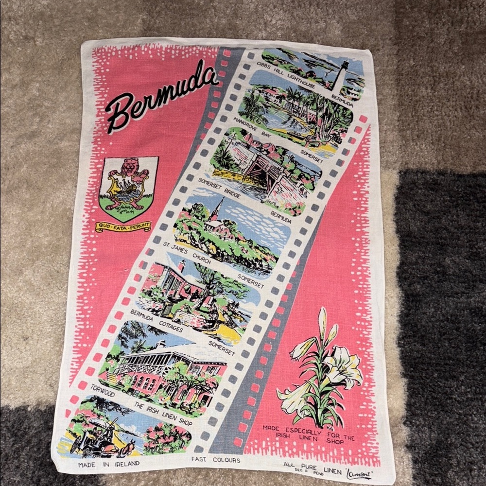 Bermuda Souvenir Pink Tea Towel. VINTAGE from Ireland!